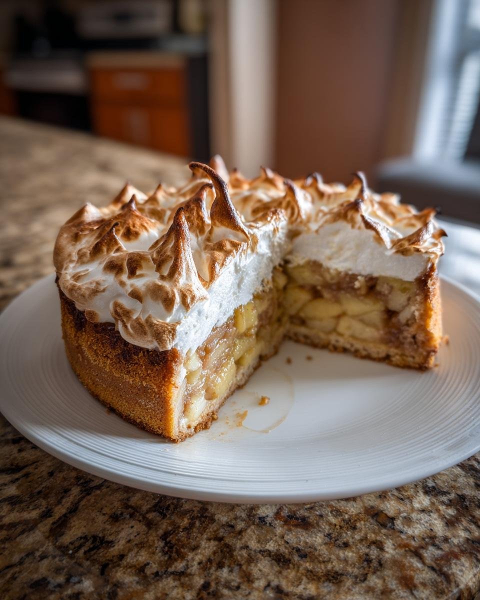 Angeschnittene Apfel-Baiser-Torte mit goldbraun gebackener Baiserkrone auf einem weißen Teller.