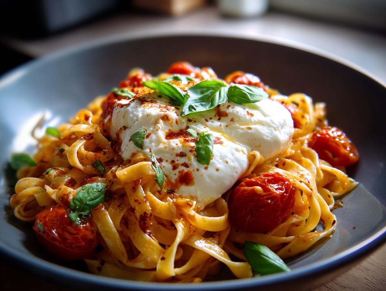 Nahaufnahme einer Portion Burrata-Tomaten-Pasta mit Tagliatelle, geschmolzener Burrata und Kirschtomaten.