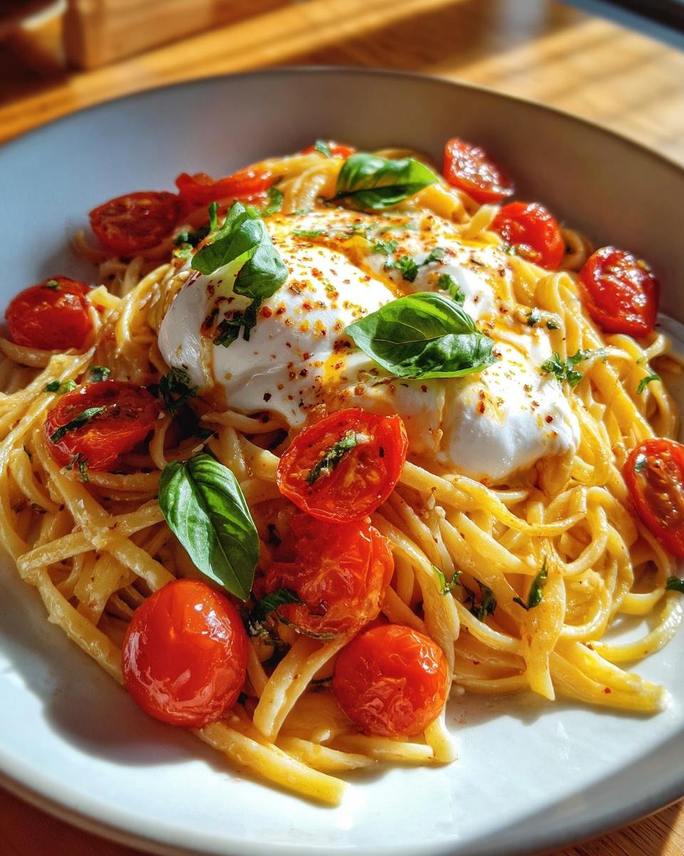Nahaufnahme einer cremigen Burrata-Tomaten-Pasta mit gebratenen Kirschtomaten und frischen Basilikumblättern.