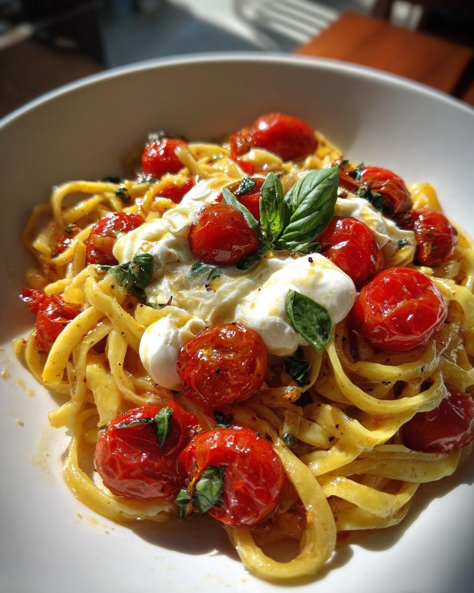 Nahaufnahme einer cremigen Burrata-Tomaten-Pasta mit gebackenen Kirschtomaten und Basilikum.