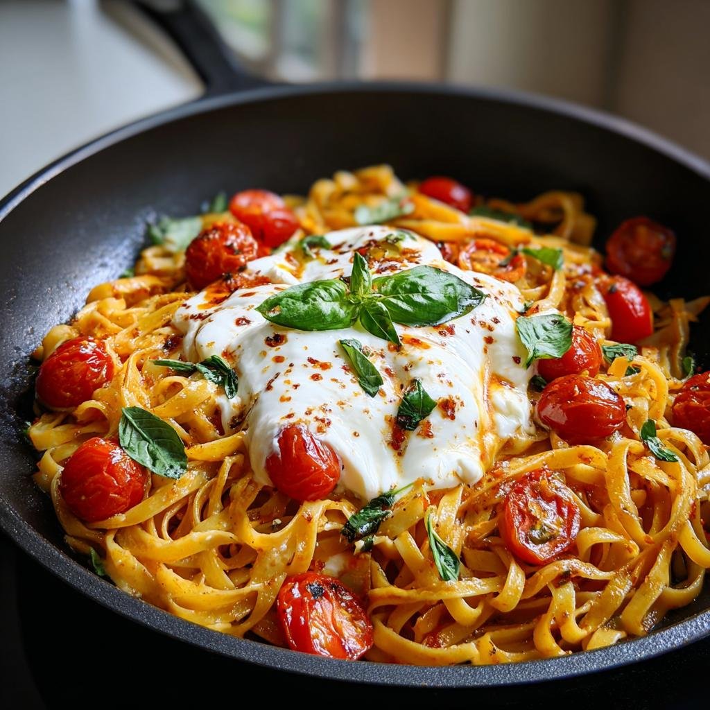 Nahaufnahme einer cremigen Burrata-Tomaten-Pasta mit Bandnudeln und Kirschtomaten in einer schwarzen Pfanne.