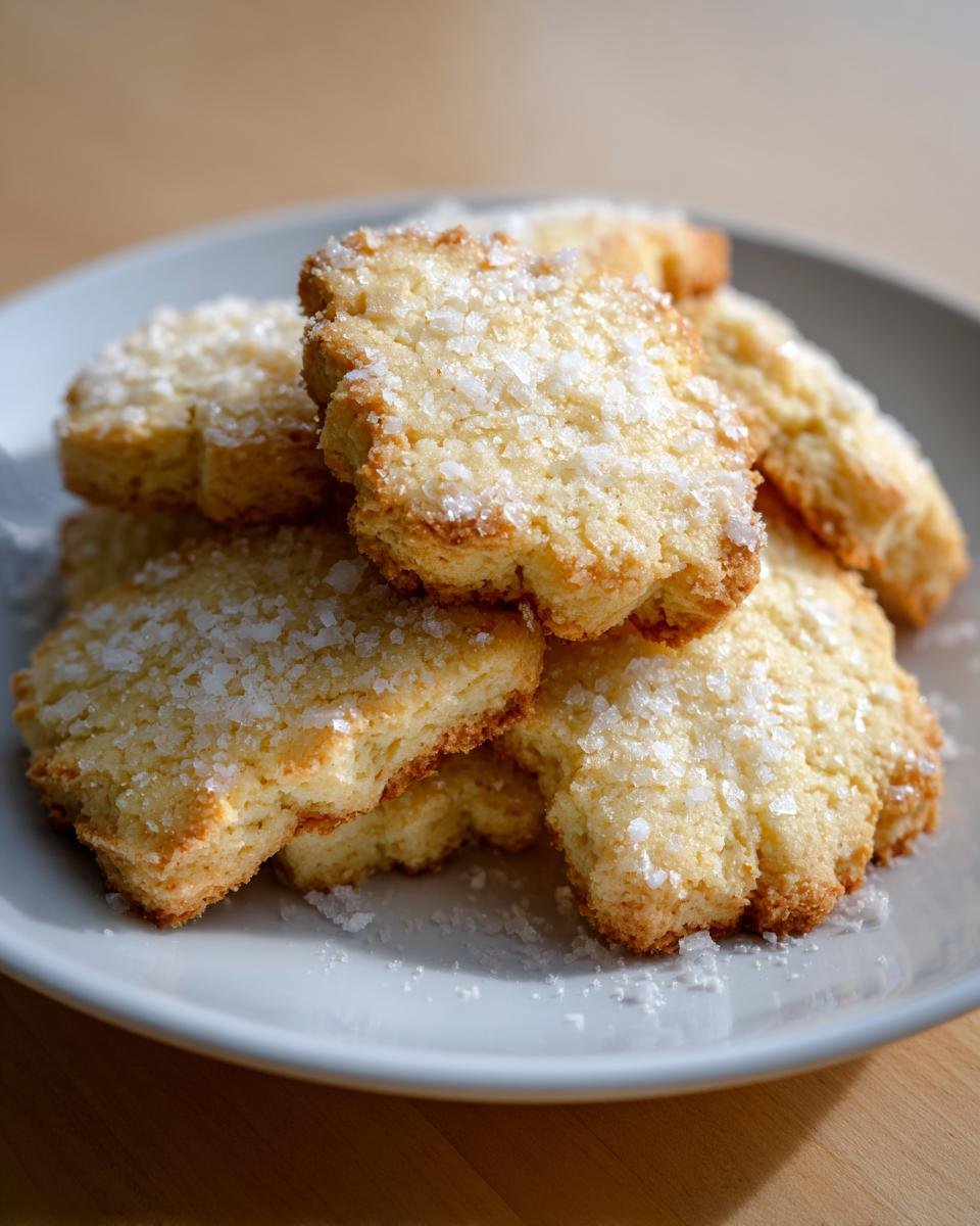 Stapel von frisch gebackenen Butterplätzchen mit grobem Zuckerkristallen auf einem hellen Teller.