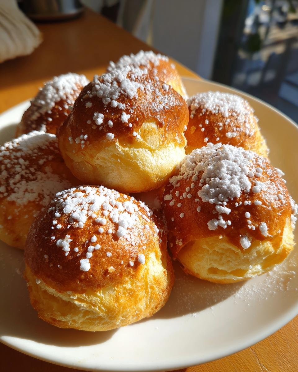 Ein Teller voller goldbrauner Butterwölkchen, bestreut mit feinem Puderzucker, im Sonnenlicht.