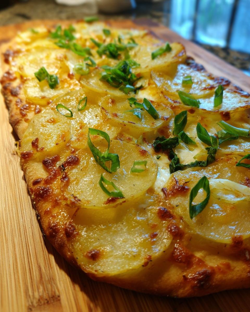 Nahaufnahme einer fertigen Kartoffelpizza mit dünnen Kartoffelscheiben und frischem Schnittlauch auf einem Holzbrett.