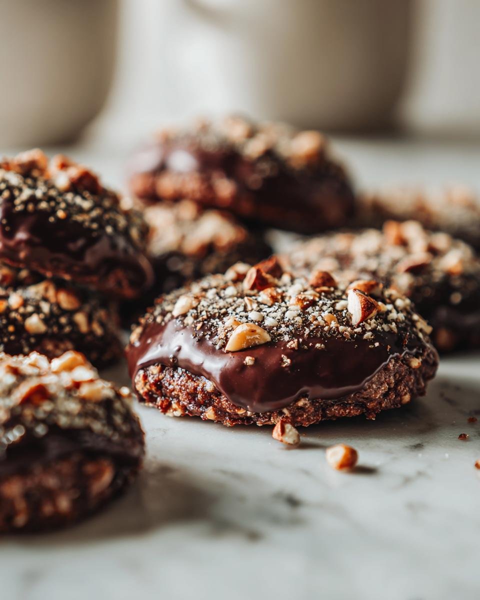 Nahaufnahme von fertigen Rocher-Keksen, überzogen mit dunkler Schokolade und gehackten Haselnüssen.