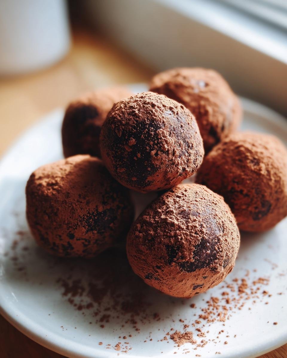 Nahaufnahme von mehreren fertigen Rumkugeli Rezept Kugeln, dick mit Kakaopulver bestäubt, auf einem weißen Teller.