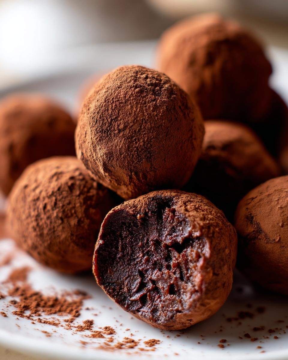 Nahaufnahme von mehreren fertigen Rumkugeln, eine davon aufgeschnitten, um die dunkle Schokoladenfüllung zu zeigen. Perfekt für das Rumkugeli Rezept.