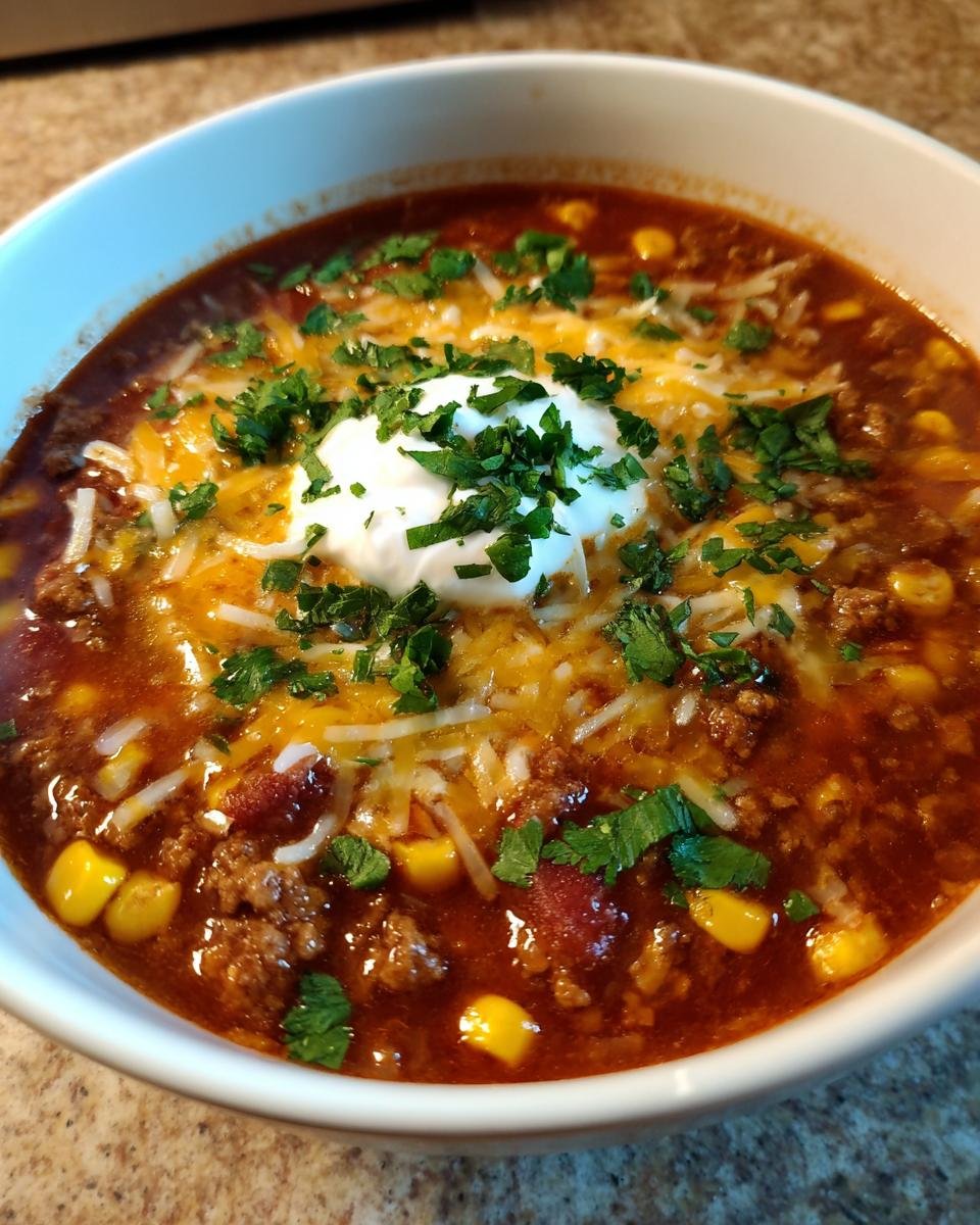 Nahaufnahme einer dampfenden Schüssel Taco-Suppe, garniert mit geschmolzenem Käse, Sauerrahm und frischer Petersilie.