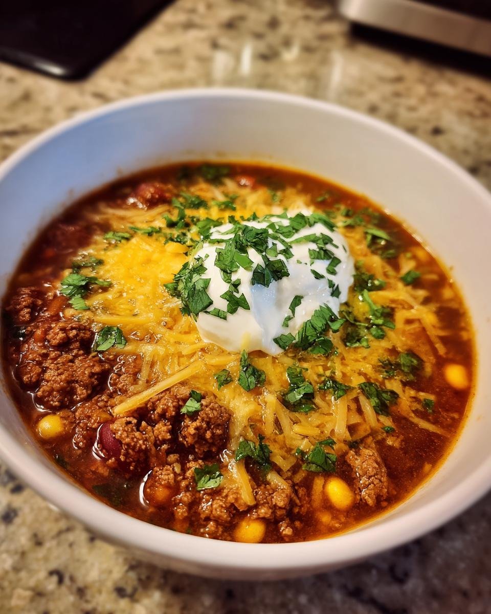 Nahaufnahme einer Schüssel mit fertiger Taco-Suppe, belegt mit Hackfleisch, Käse, Sauerrahm und Petersilie.