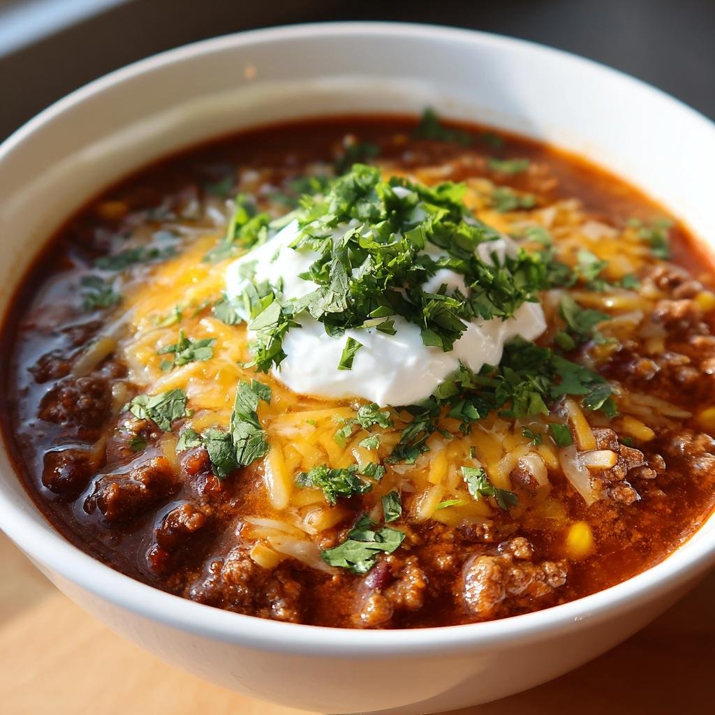 Nahaufnahme einer dampfenden Schüssel Taco-Suppe, belegt mit geschmolzenem Käse, einem Klecks Sauerrahm und frischer Petersilie.