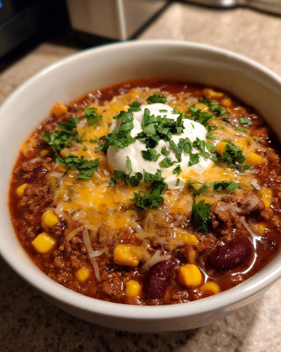 Nahaufnahme einer Schüssel mit fertiger Taco-Suppe, belegt mit Käse, Sauerrahm und frischer Petersilie.