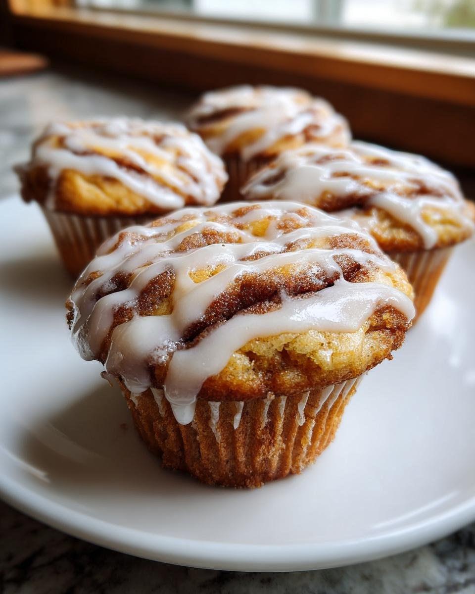 Vier Zimtschnecken-Cupcakes mit Zimtfüllung und weißem Zuckerguss auf einem weißen Teller.