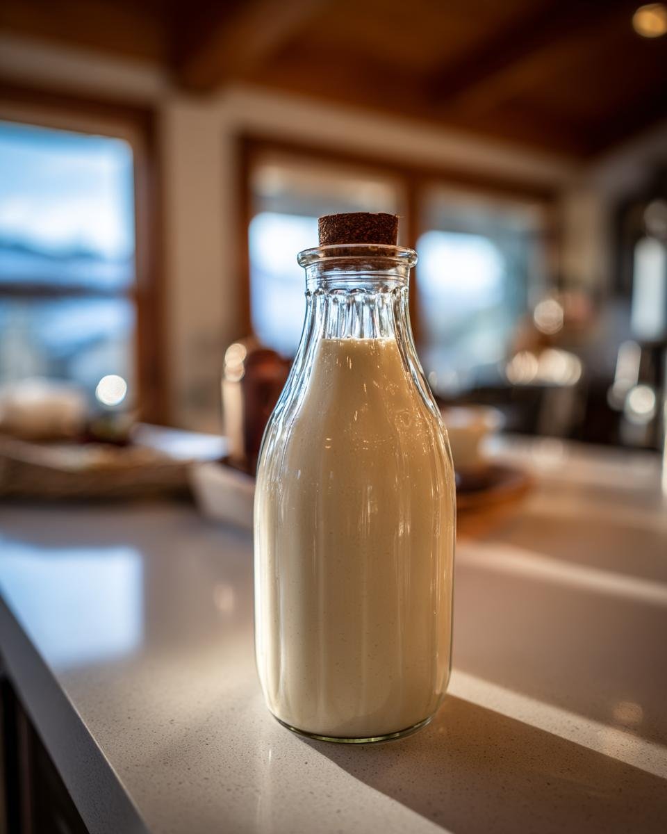 Glasflasche mit cremiger Flüssigkeit, vermutlich fertiger Engelchen-Likör, auf einer hellen Küchenarbeitsplatte.