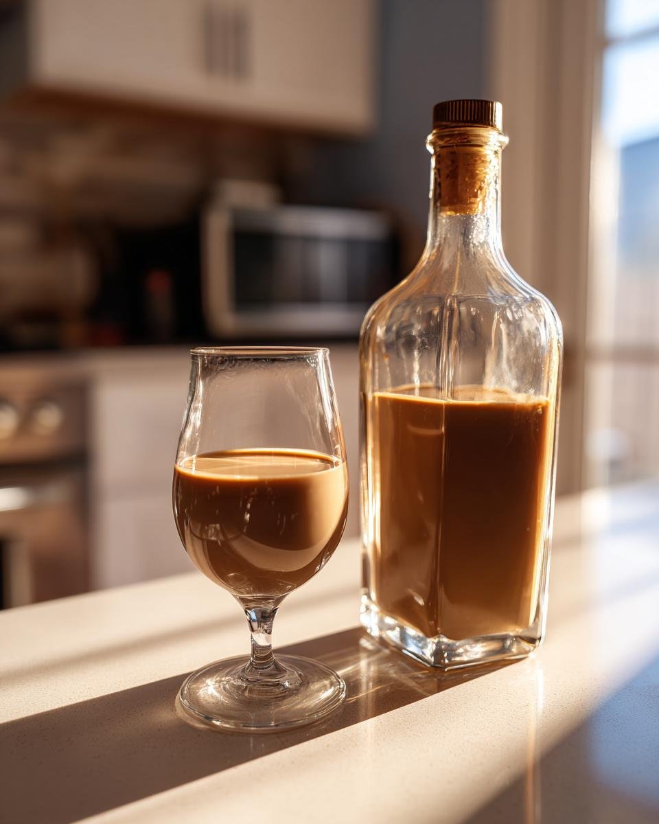 Eine Karaffe und ein Glas gefüllt mit cremigem Engelchen-Likör, beleuchtet von Sonnenlicht.