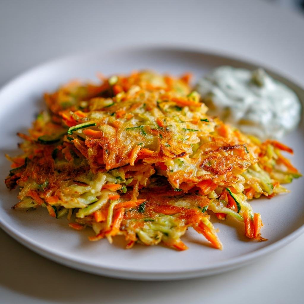 Goldbraun gebratener Gemüseschmarrn mit Karotten- und Zucchiniraspeln, serviert mit Kräuterdip.