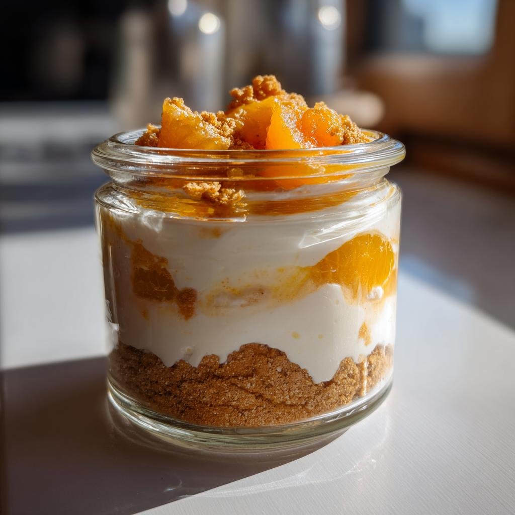 Nahaufnahme der Festliche Spekulatius Mandarinen Quark Creme in einem kleinen Glas mit Keksboden und Früchten.