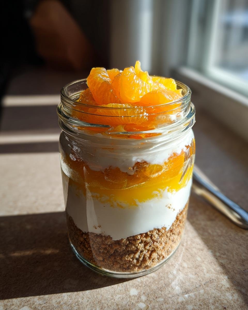 Geschichtetes Dessert im Glas mit Spekulatius-Boden, Quark-Creme, Mandarinen und frischen Mandarinenstücken obenauf – Festliche Spekulatius Mandarinen Quark Creme.