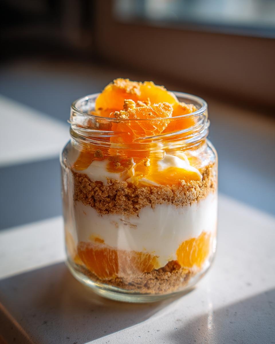 Geschichtete Festliche Spekulatius Mandarinen Quark Creme in einem Glas mit Mandarinenstückchen obenauf.