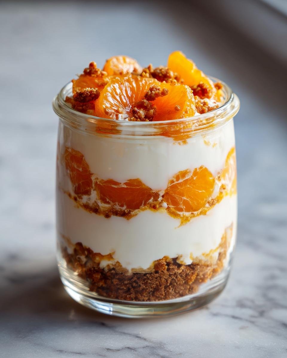 Geschichtete Festliche Spekulatius Mandarinen Quark Creme mit Mandarinen und Spekulatius-Bröseln im Glas.