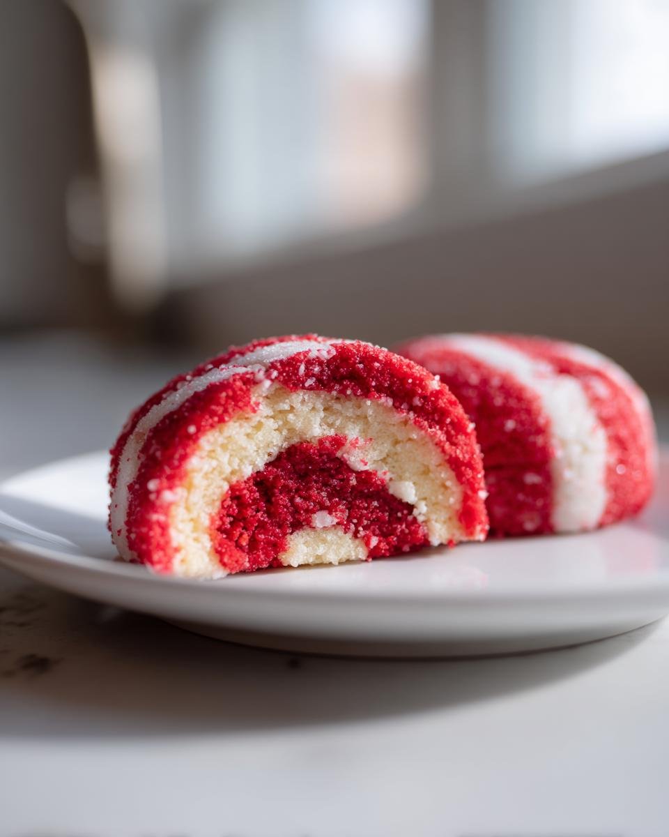 Nahaufnahme von angeschnittenen Festliche Zuckerstangen-Kekse, die rote und weiße Streifen zeigen und mit Zucker bestreut sind.