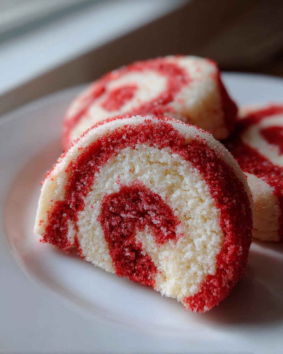 Nahaufnahme von Anschnittstücken der Festliche Zuckerstangen-Kekse mit rotem und weißem Wirbelmuster, bestreut mit Zucker.