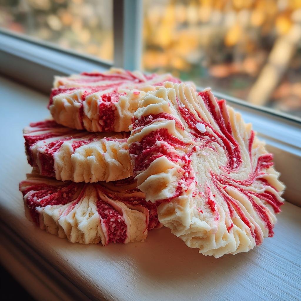 Stapel von zarten Festliche Zuckerstangen-Kekse mit roten und weißen Wirbeln, auf einer Fensterbank platziert.