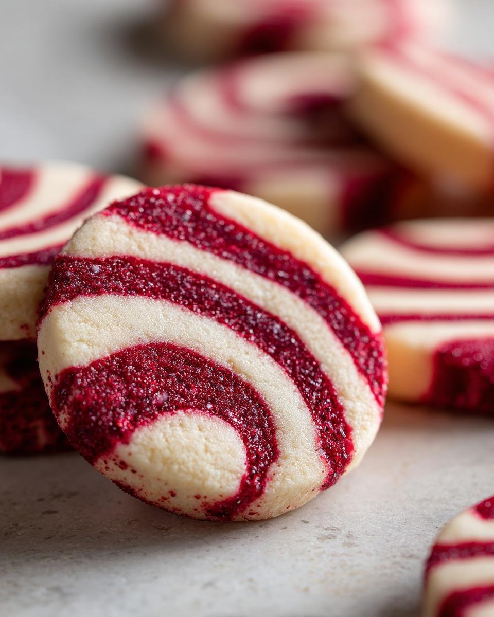 Nahaufnahme eines runden Plätzchens mit roten und weißen Streifen, typisch für Festliche Zuckerstangen-Kekse, bestreut mit Glitzerzucker.