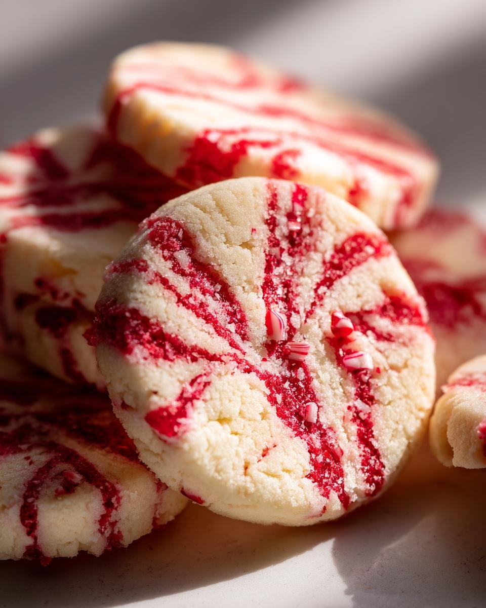Nahaufnahme von zarten Festliche Zuckerstangen-Kekse mit roten Streifen und Zuckerstangenstückchen.