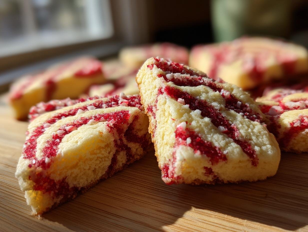 Nahaufnahme von zarten Festliche Zuckerstangen-Kekse mit roten und weißen Streifen auf einem Holzbrett.