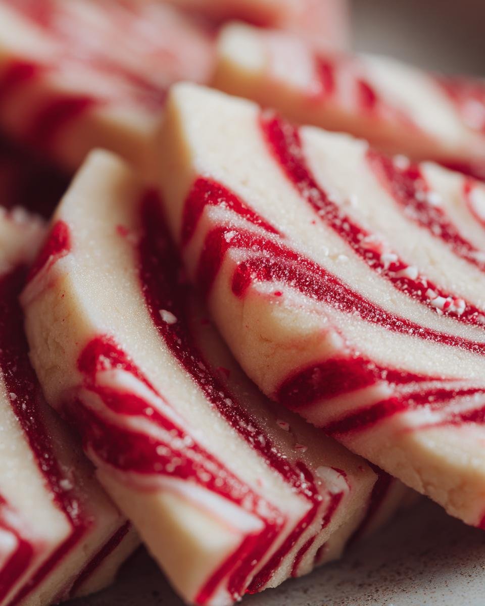 Nahaufnahme von mehreren angeschnittenen Festliche Zuckerstangen-Kekse mit deutlichen roten und weißen Streifen.