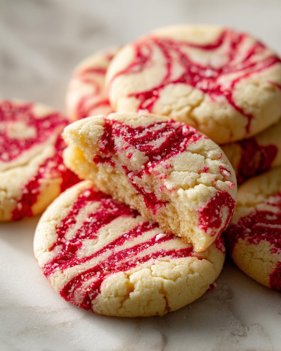 Nahaufnahme von zarten Festliche Zuckerstangen-Kekse mit roten Zuckerstangen-Wirbeln, einer ist zerbrochen.