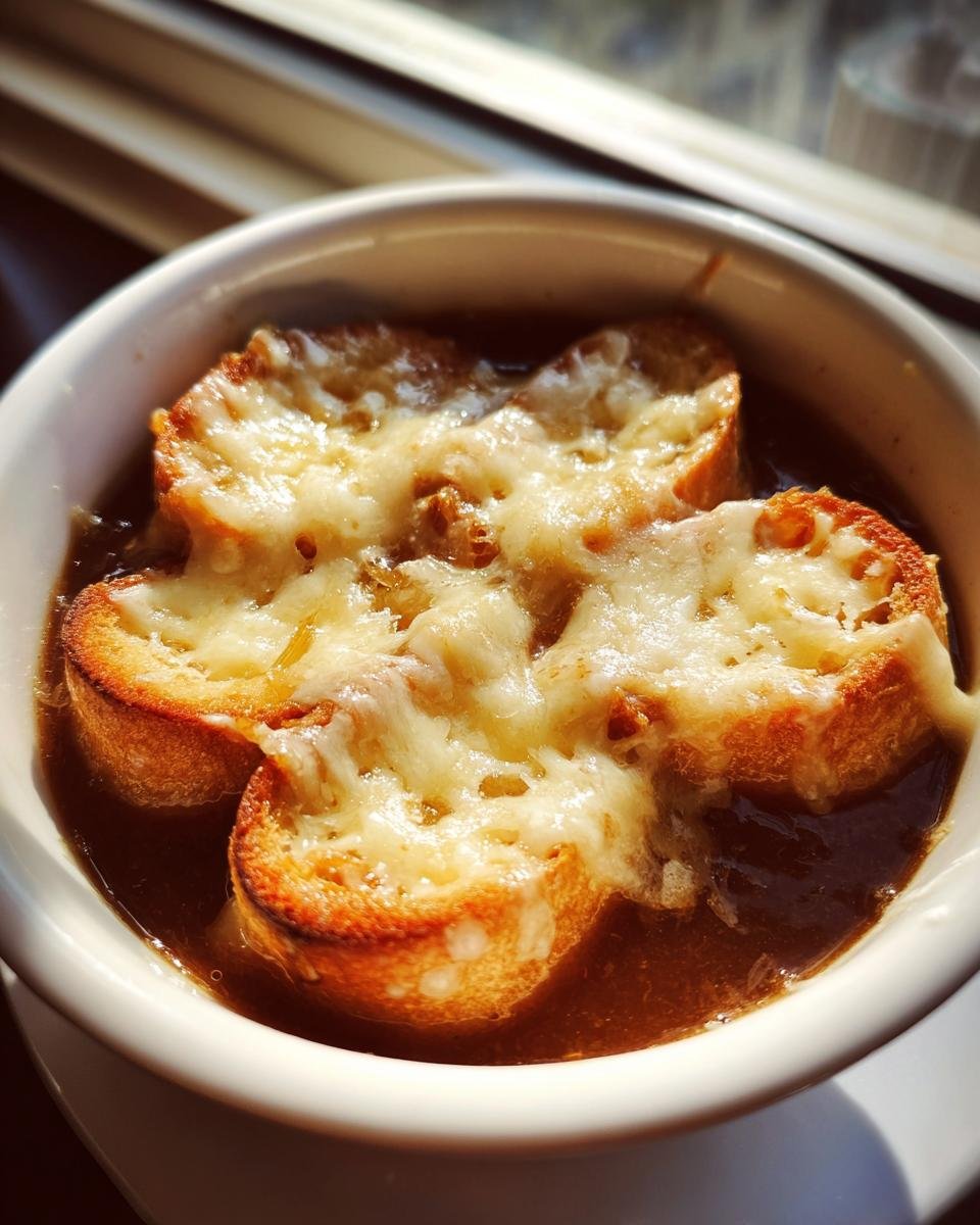 Nahaufnahme einer Schüssel Feurige Zwiebelsuppe mit geröstetem Brot und geschmolzenem Käse.