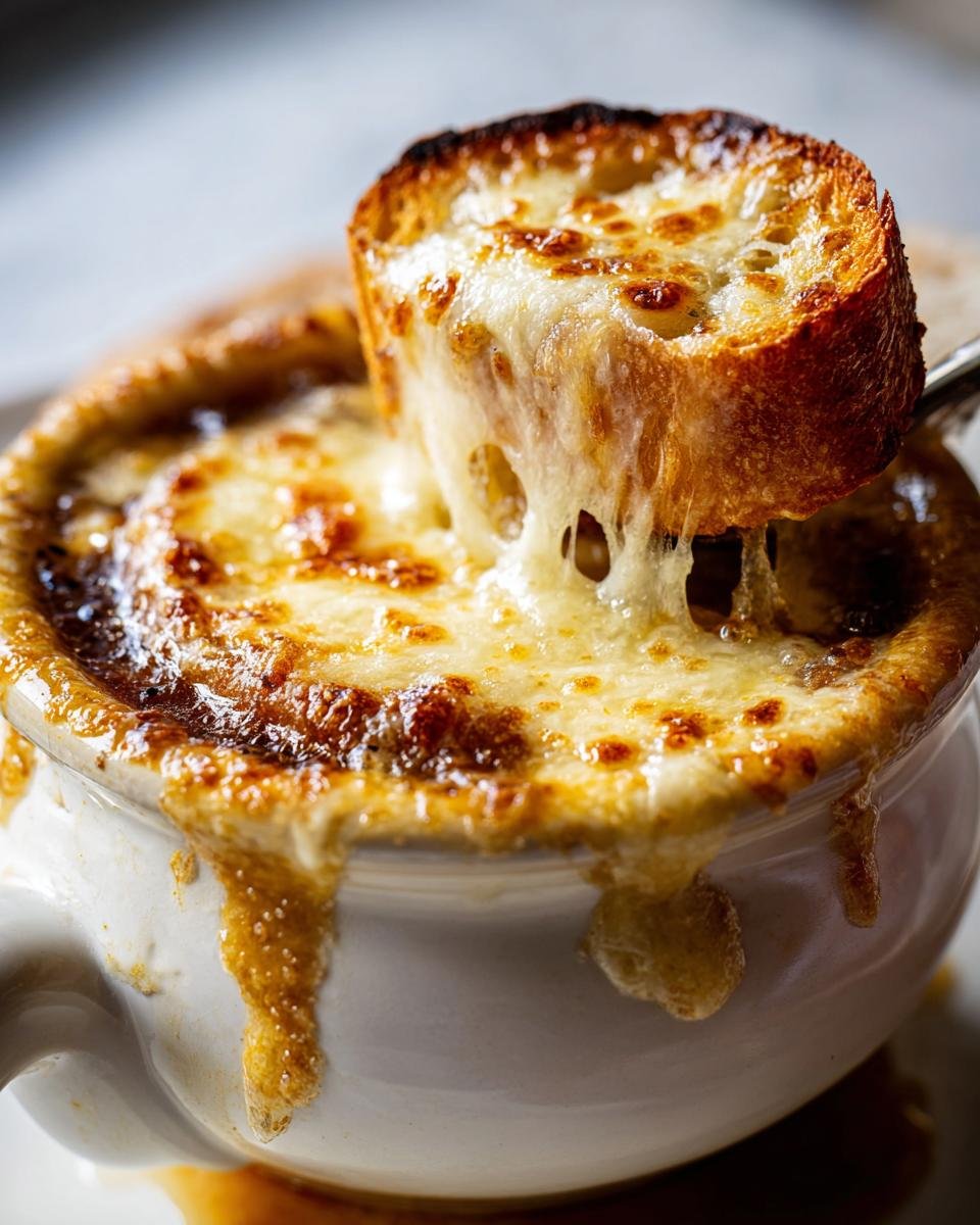 Nahaufnahme einer Schüssel Feurige Zwiebelsuppe mit überbackenem Käse und einem Brot-Crouton.