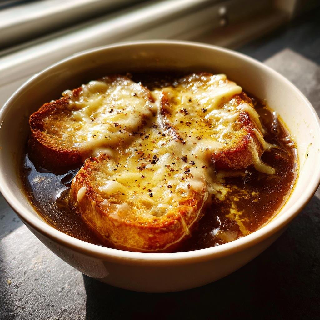 Nahaufnahme einer Schüssel Feurige Zwiebelsuppe mit zwei gerösteten Brotscheiben und geschmolzenem Käse.