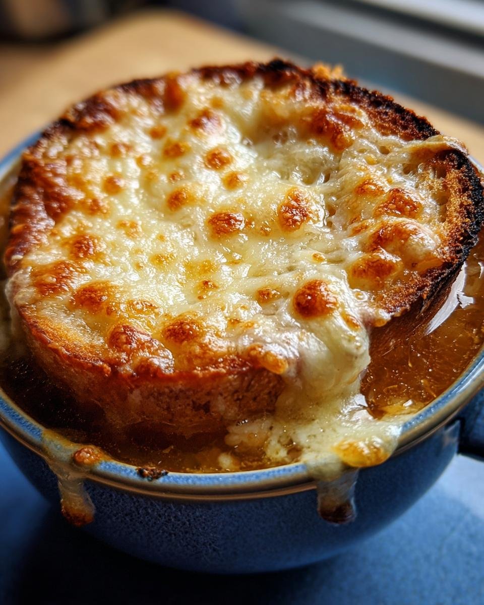 Nahaufnahme einer Schüssel Feurige Zwiebelsuppe, bedeckt mit einer dicken Scheibe Brot und geschmolzenem, goldbraun gebackenem Käse.