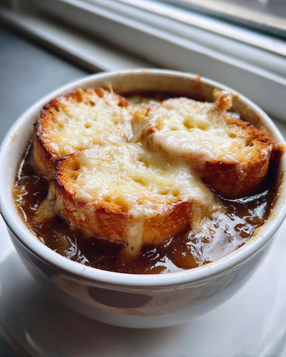 Nahaufnahme einer Schale Feurige Zwiebelsuppe mit knusprigen Brotscheiben und geschmolzenem Käse.