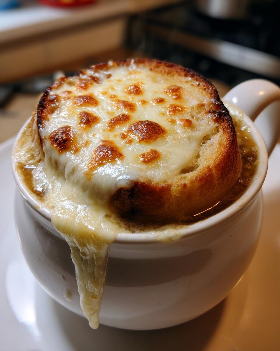 Nahaufnahme einer Schüssel Feurige Zwiebelsuppe, bedeckt mit einer dicken Scheibe Brot und geschmolzenem, goldbraun gebackenem Käse.