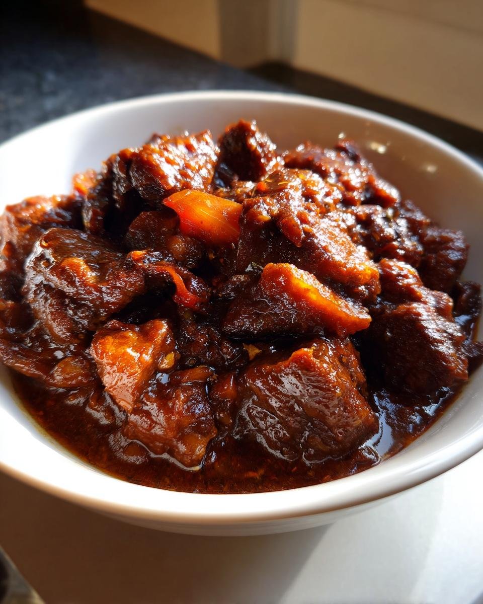 Nahaufnahme eines reichhaltigen, dunklen Filettopf in einer weißen Schüssel, glänzend von der Soße.