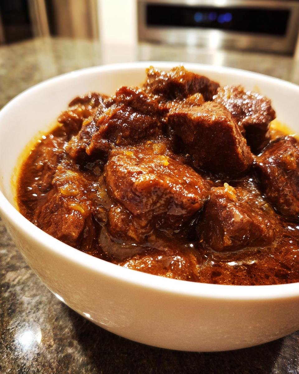 Nahaufnahme von saftigen Fleischstücken in dunkler Soße, serviert in einer weißen Schüssel – klassischer Filettopf.