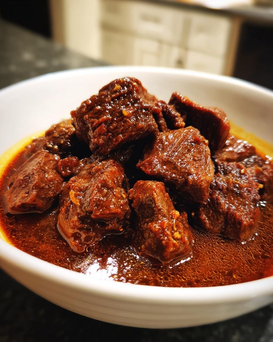 Nahaufnahme von zarten Fleischstücken im dunklen, reichhaltigen Sud des Filettopf in einer weißen Schüssel.