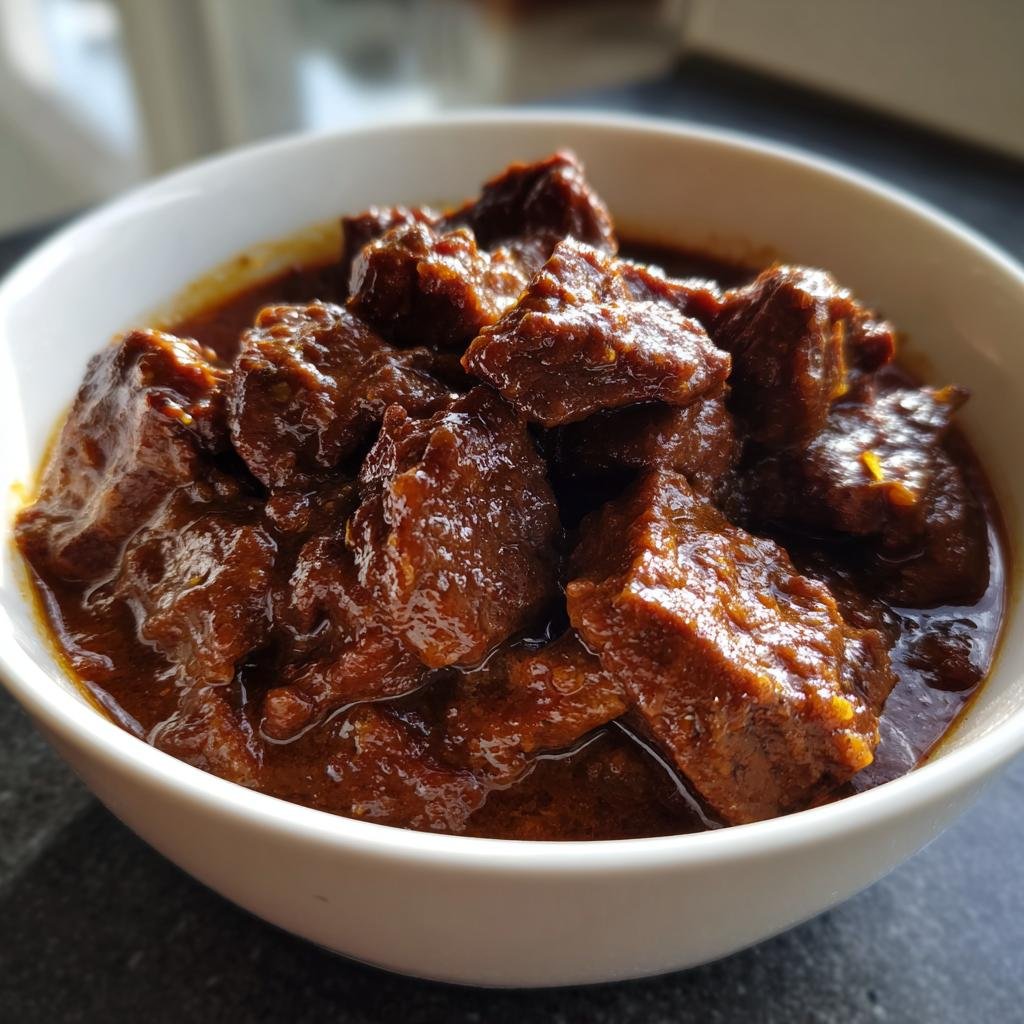 Nahaufnahme von dunklem, geschmortem Fleisch in einer reichhaltigen Soße, serviert in einer weißen Schüssel – perfekter Filettopf.