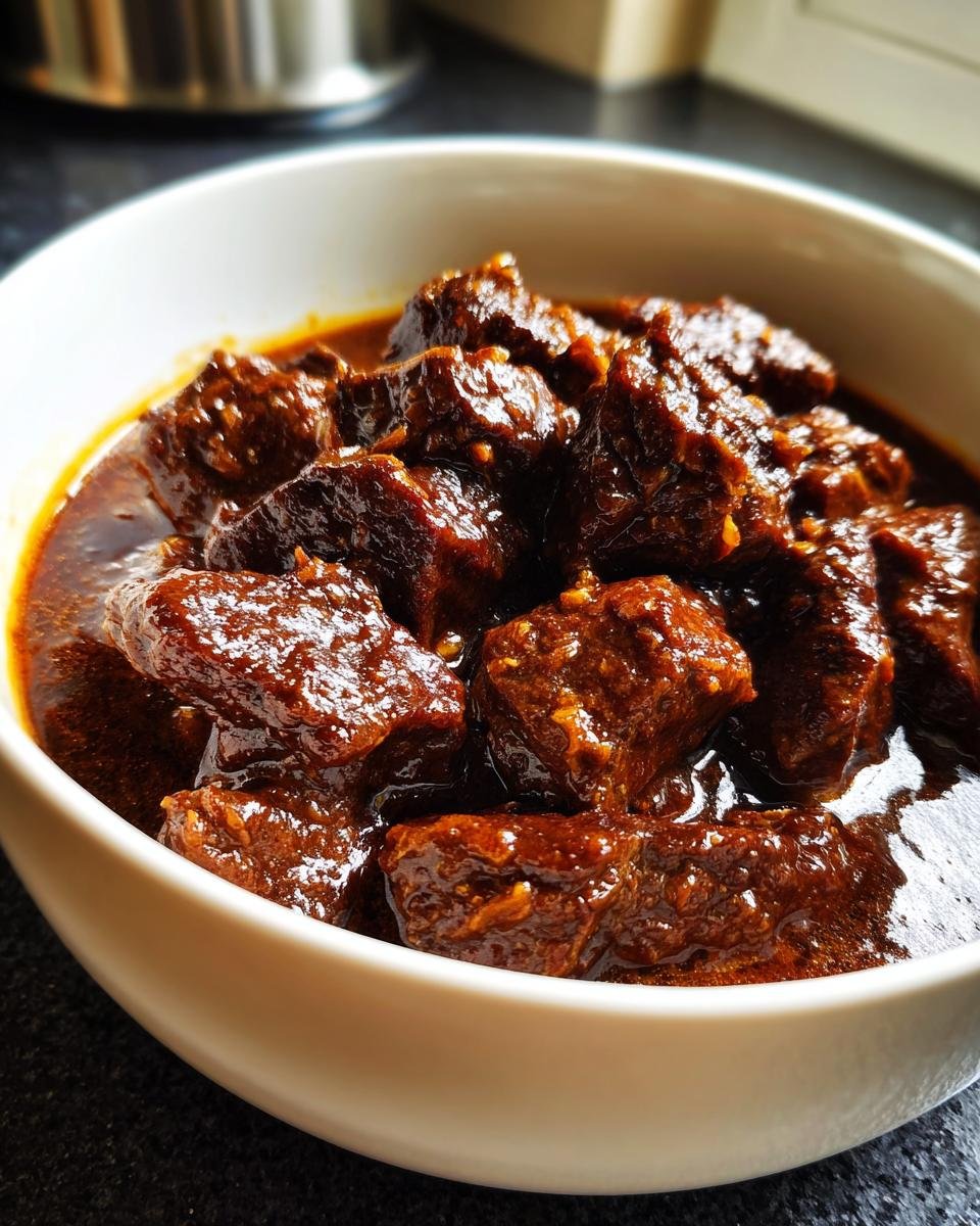 Nahaufnahme von dunklem, geschmortem Fleisch in einer reichhaltigen Soße, serviert in einer weißen Schüssel – klassischer Filettopf.