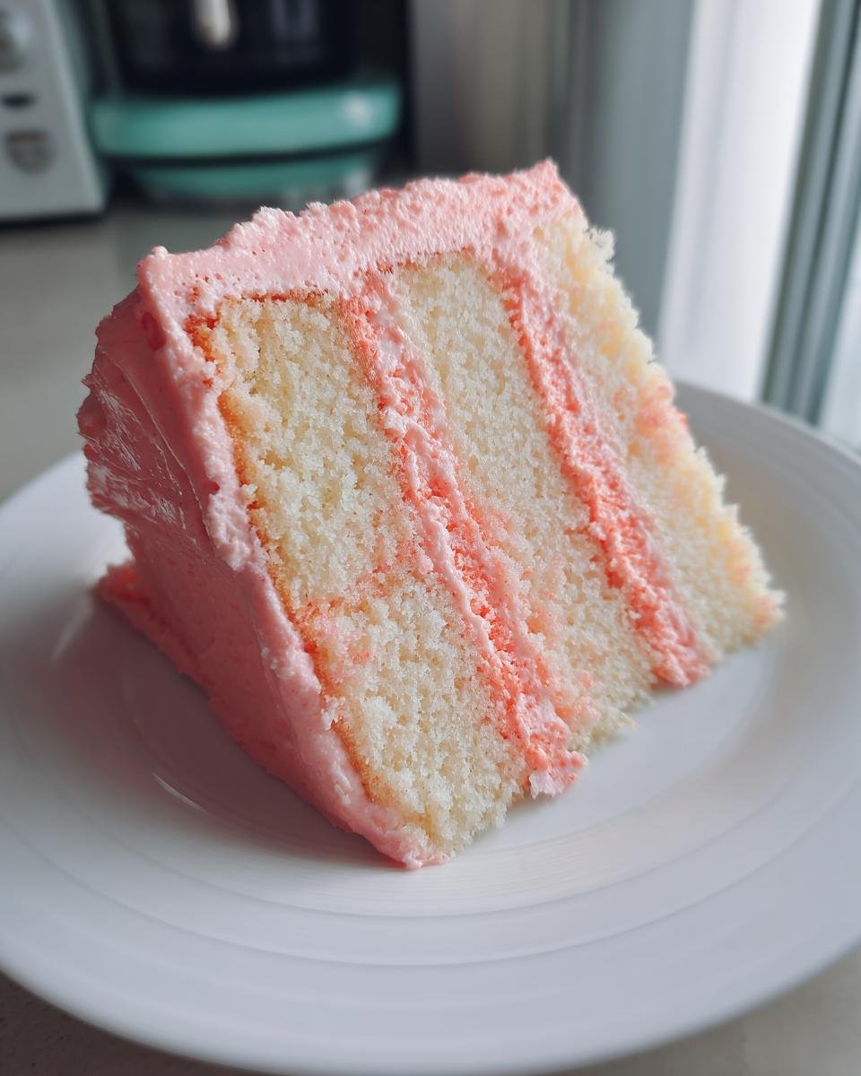 Nahaufnahme eines Kuchenschnitts der Flamingo-Torte mit weißem Biskuit und rosa Creme.