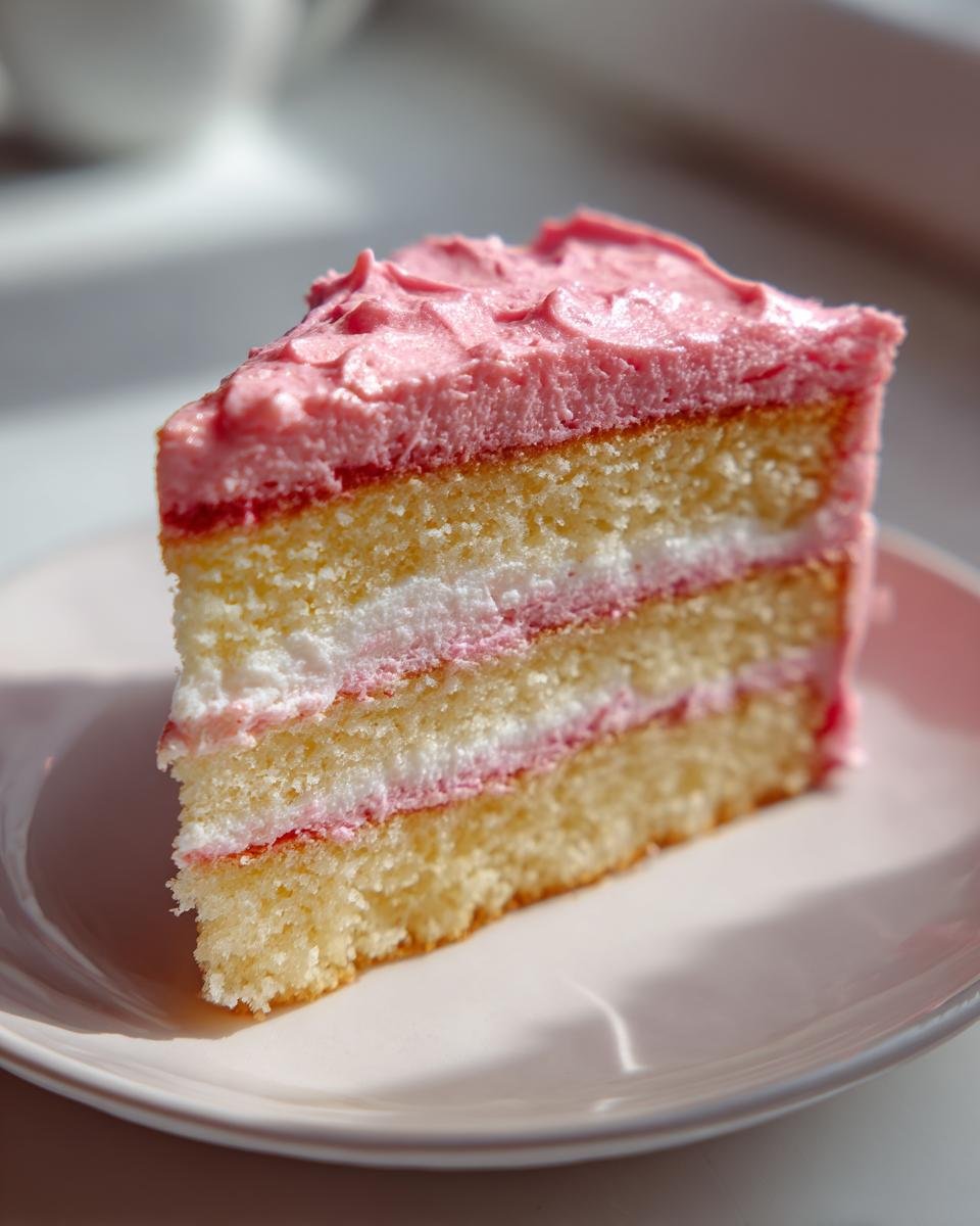 Nahaufnahme eines Kuchenschnitts der Flamingo-Torte mit gelbem Biskuit, weißer und rosa Creme.