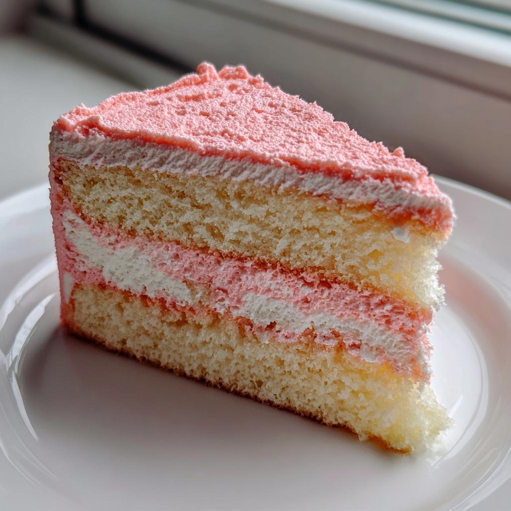 Nahaufnahme eines Kuchenschnitts der Flamingo-Torte mit hellgelbem Biskuit und rosa-weißen Cremeschichten.