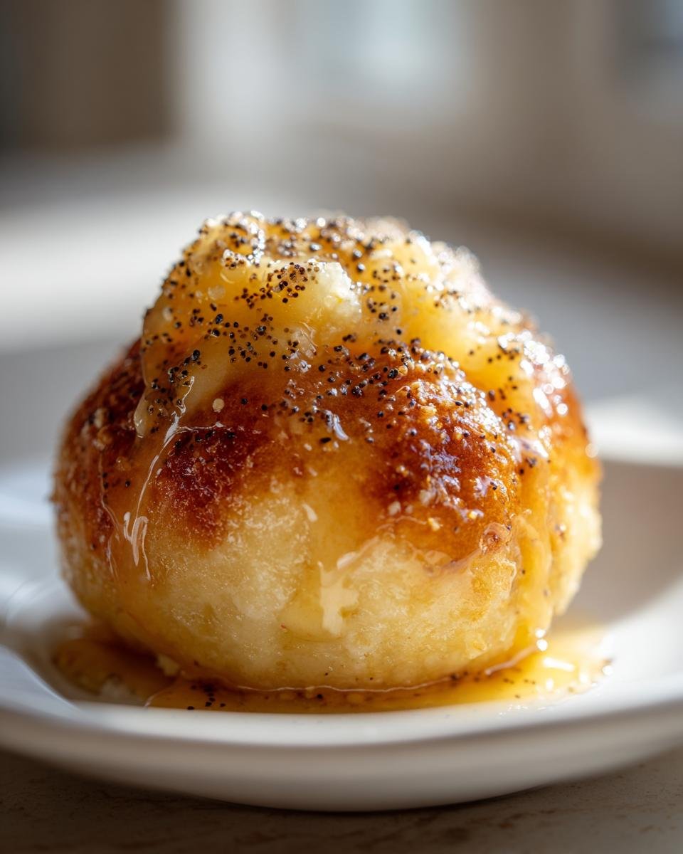 Eine einzelne, flaumige Germknödel mit Mohnbutter und Zuckerguss auf einem weißen Teller.