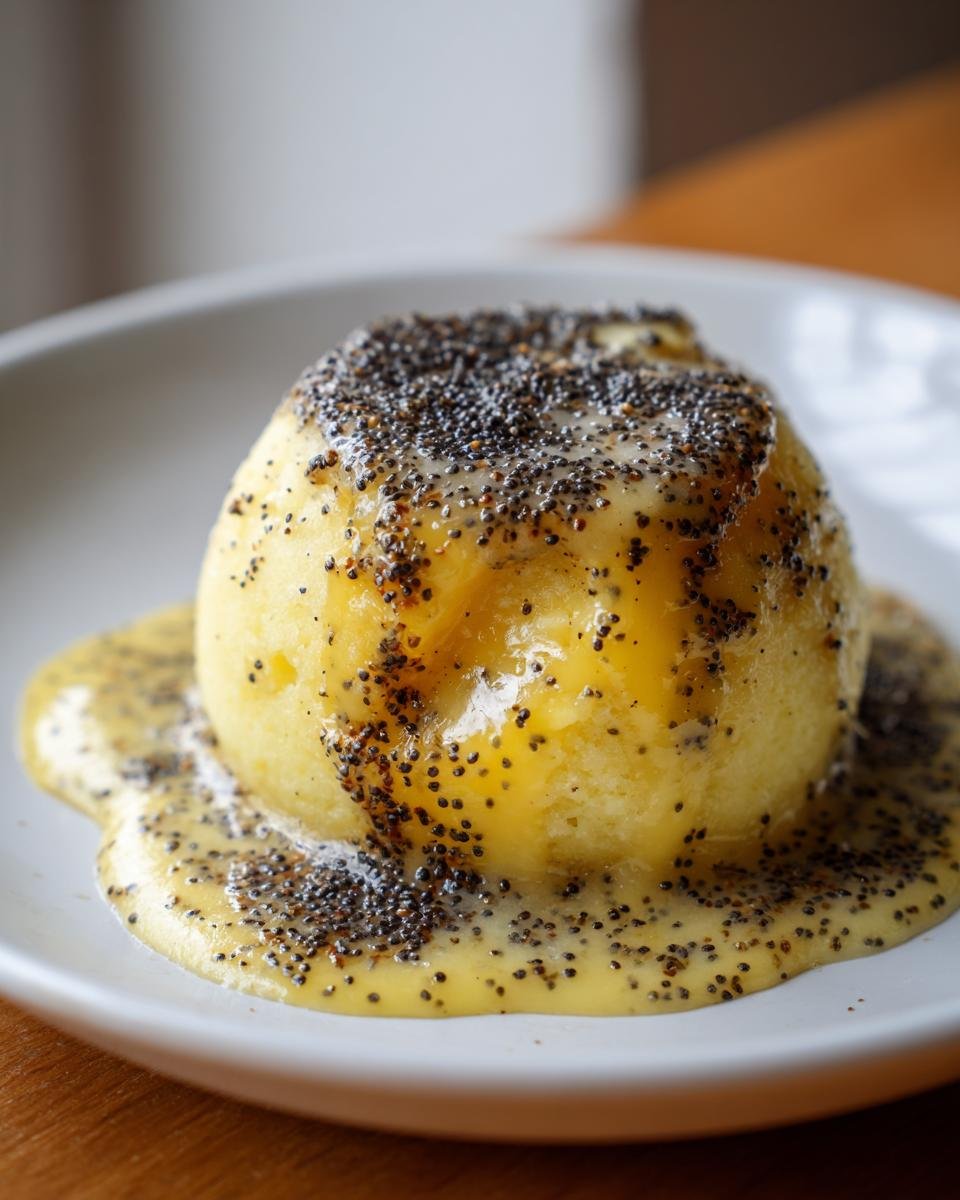 Ein einzelner, runder Flaumige Germknödel mit Mohnbutter und Mohnsamen auf einem weißen Teller.