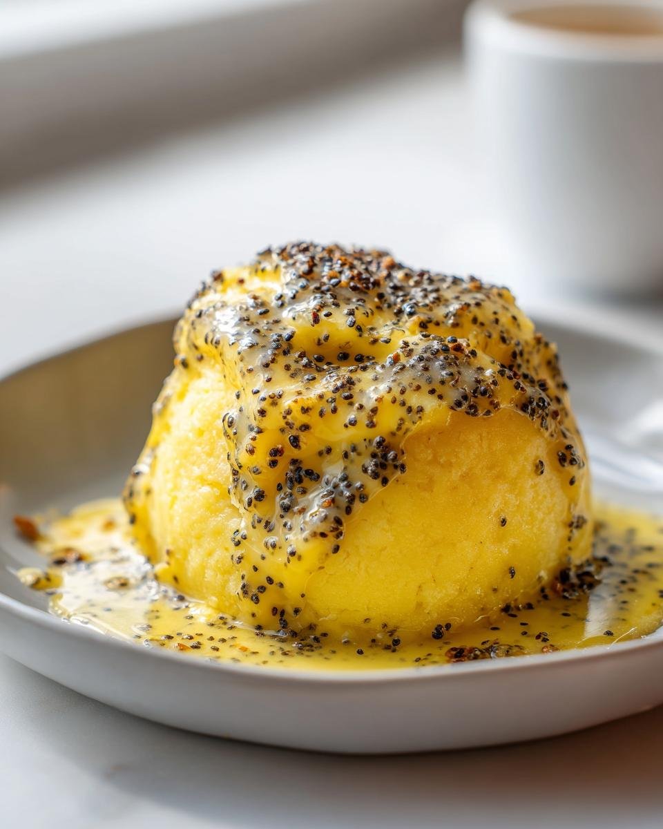 Eine einzelne, flaumige Germknödel, übergossen mit reichlich Mohnbutter, auf einem grauen Teller.