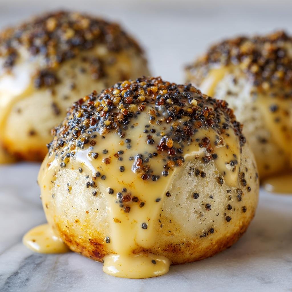 Nahaufnahme eines Flaumige Germknödel mit Mohnbutter, bedeckt mit einer cremigen Mohn-Butter-Sauce.