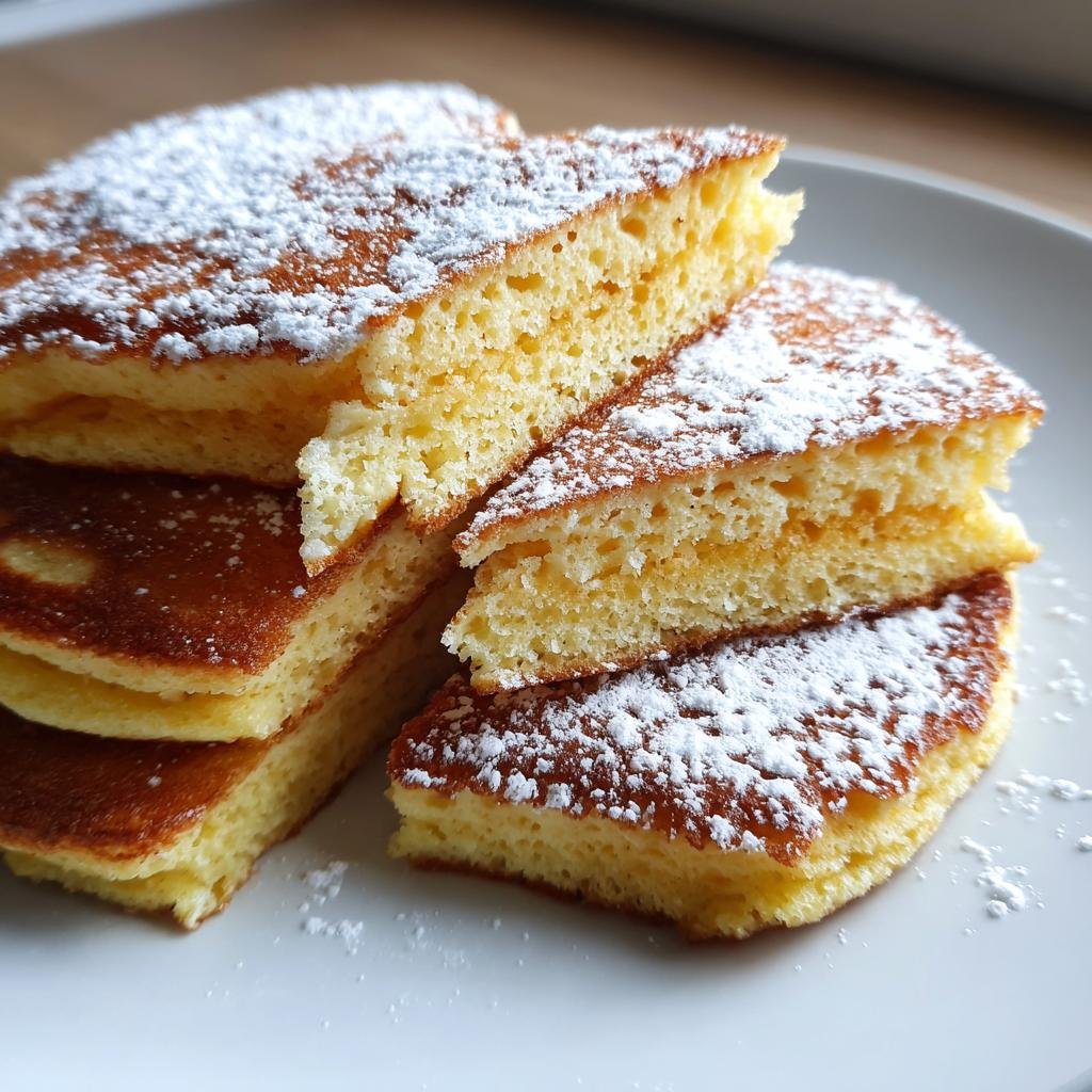 Aufgeschnittene, fluffige Quarkpfannkuchen ohne Mehl, bestäubt mit Puderzucker auf einem weißen Teller.